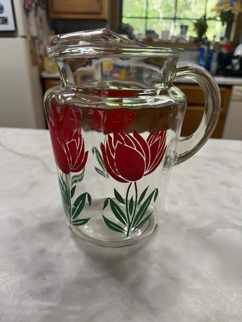 Vintage Anchor Hocking Tulip No. 3 Red Glass Pitcher and 3 Tumblers Set Mid-Cent